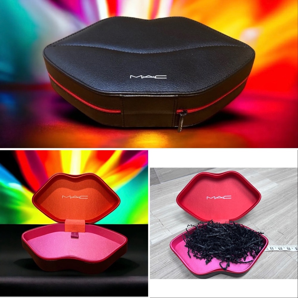 MAC Cosmetics Lip Shaped Box Clutch Cosmetic Case New Pleather black red pink